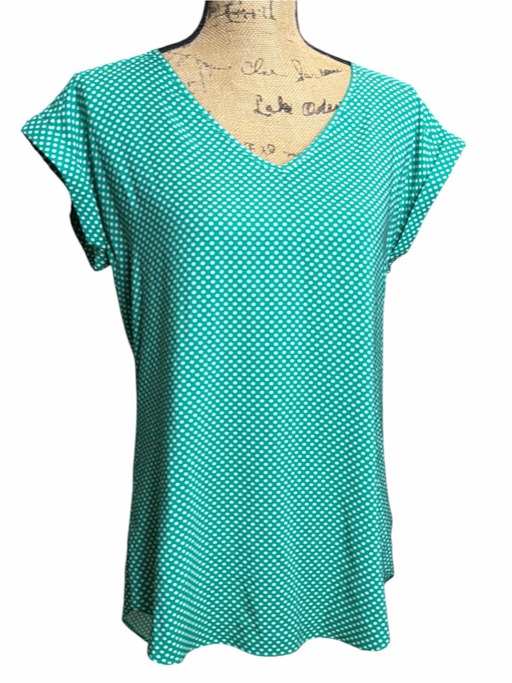 Express Green teal & White Polka Dot V-Neck Short Sleeve Top. EC medium